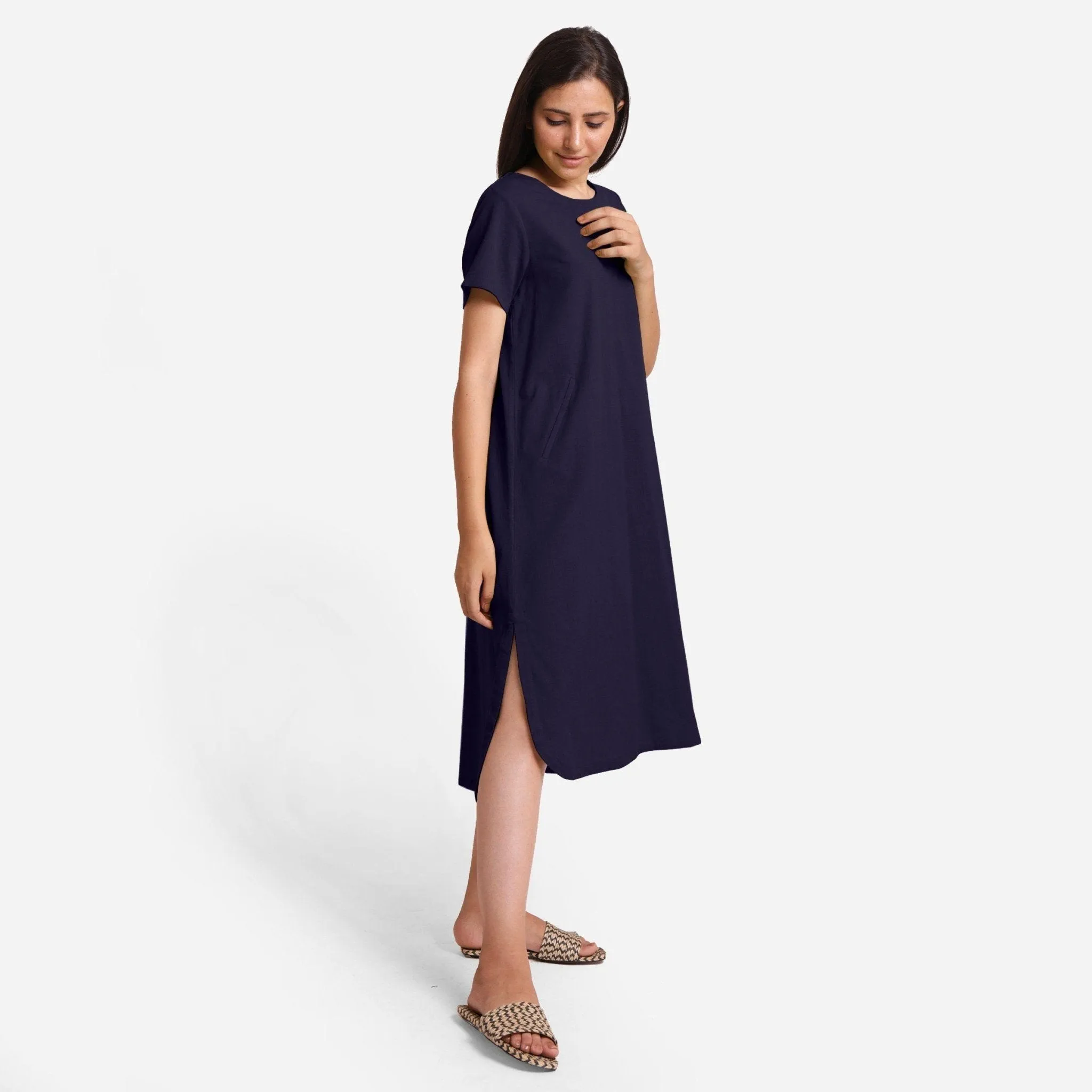 Navy Blue Cotton Flax High-Low Midi Shift Dress