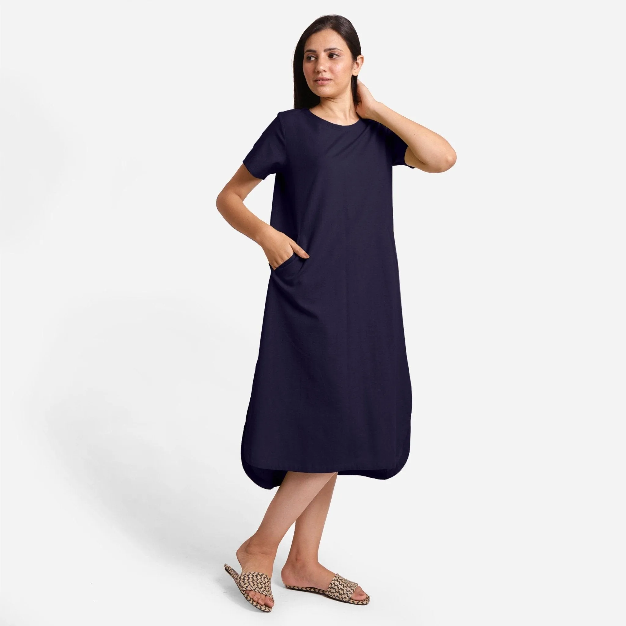 Navy Blue Cotton Flax High-Low Midi Shift Dress