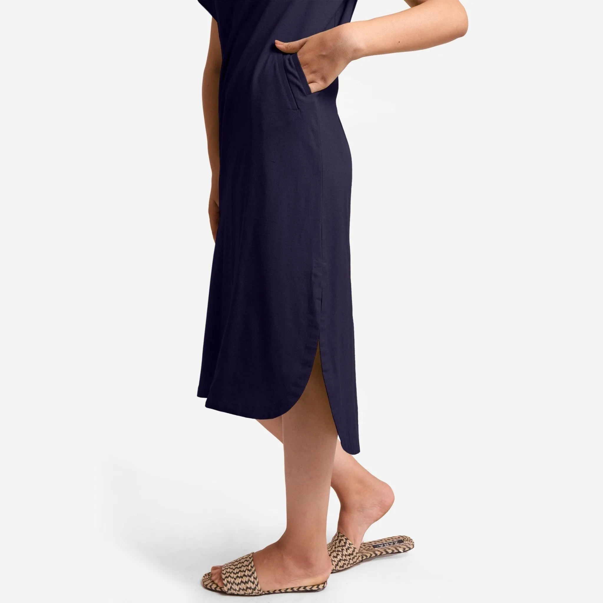 Navy Blue Cotton Flax High-Low Midi Shift Dress