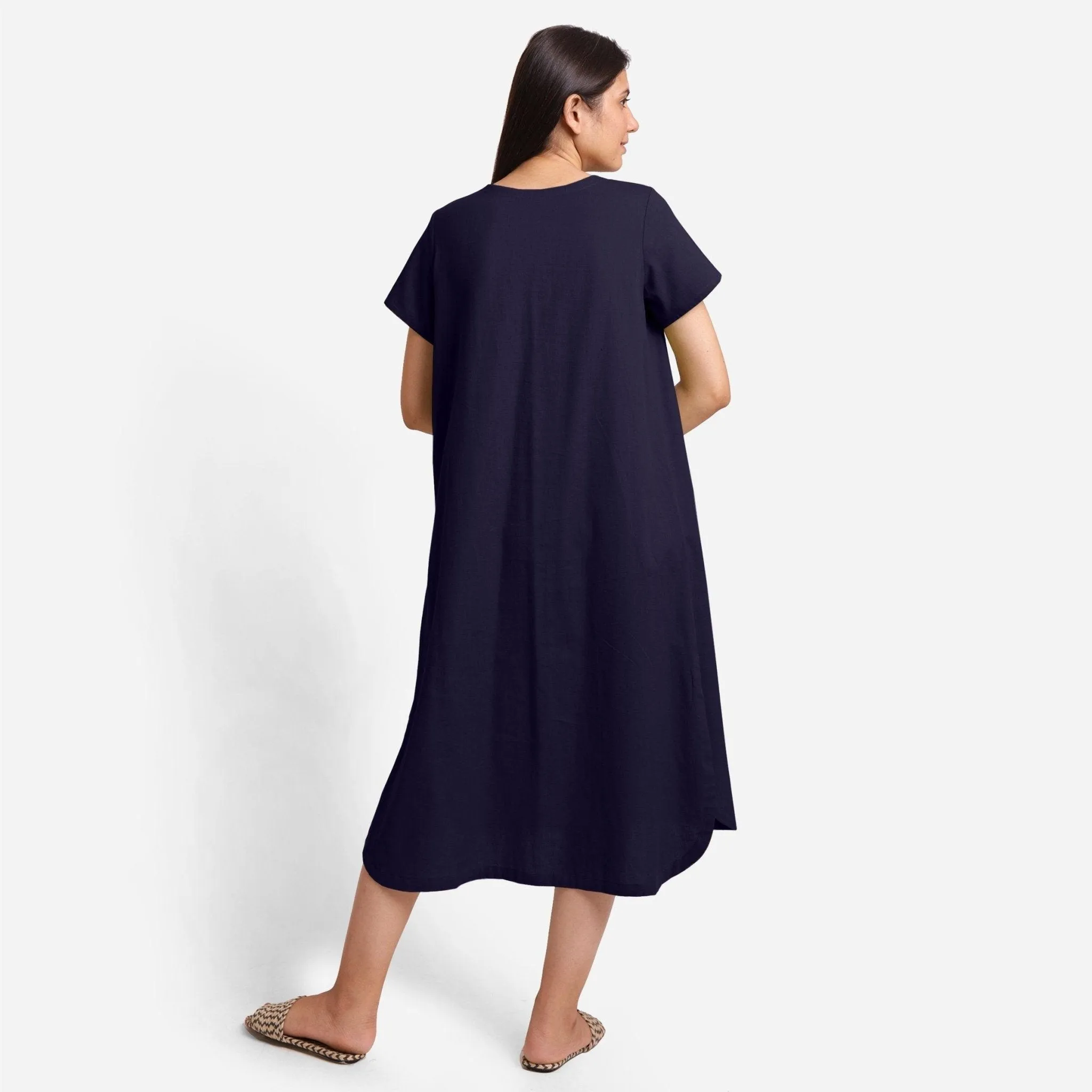 Navy Blue Cotton Flax High-Low Midi Shift Dress
