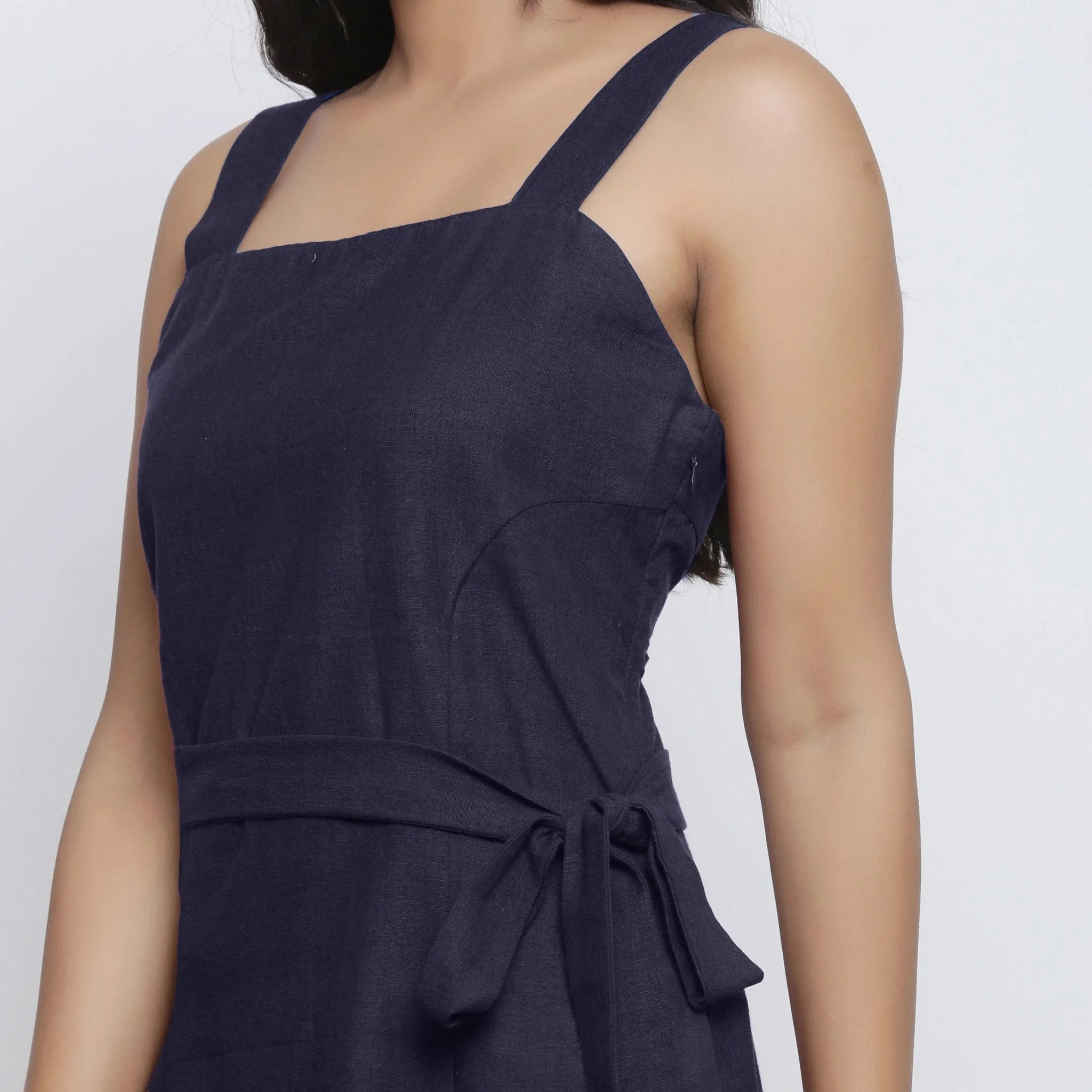 Navy Blue Cotton Flax Knee Length Princess Line Dress