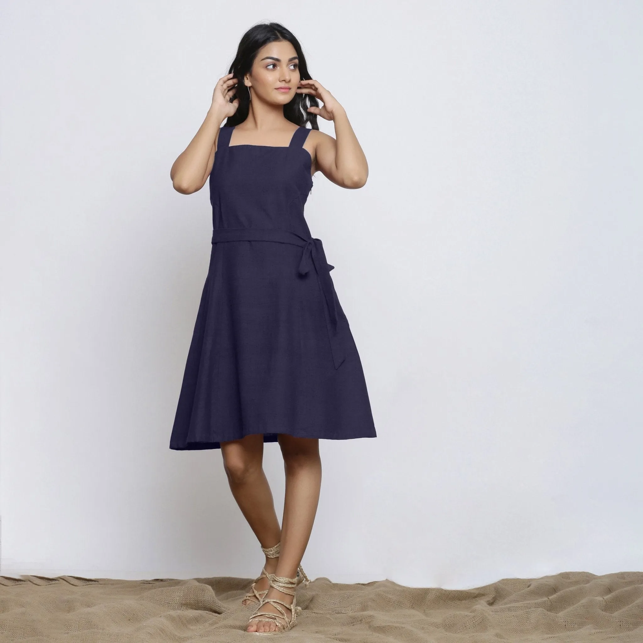 Navy Blue Cotton Flax Knee Length Princess Line Dress