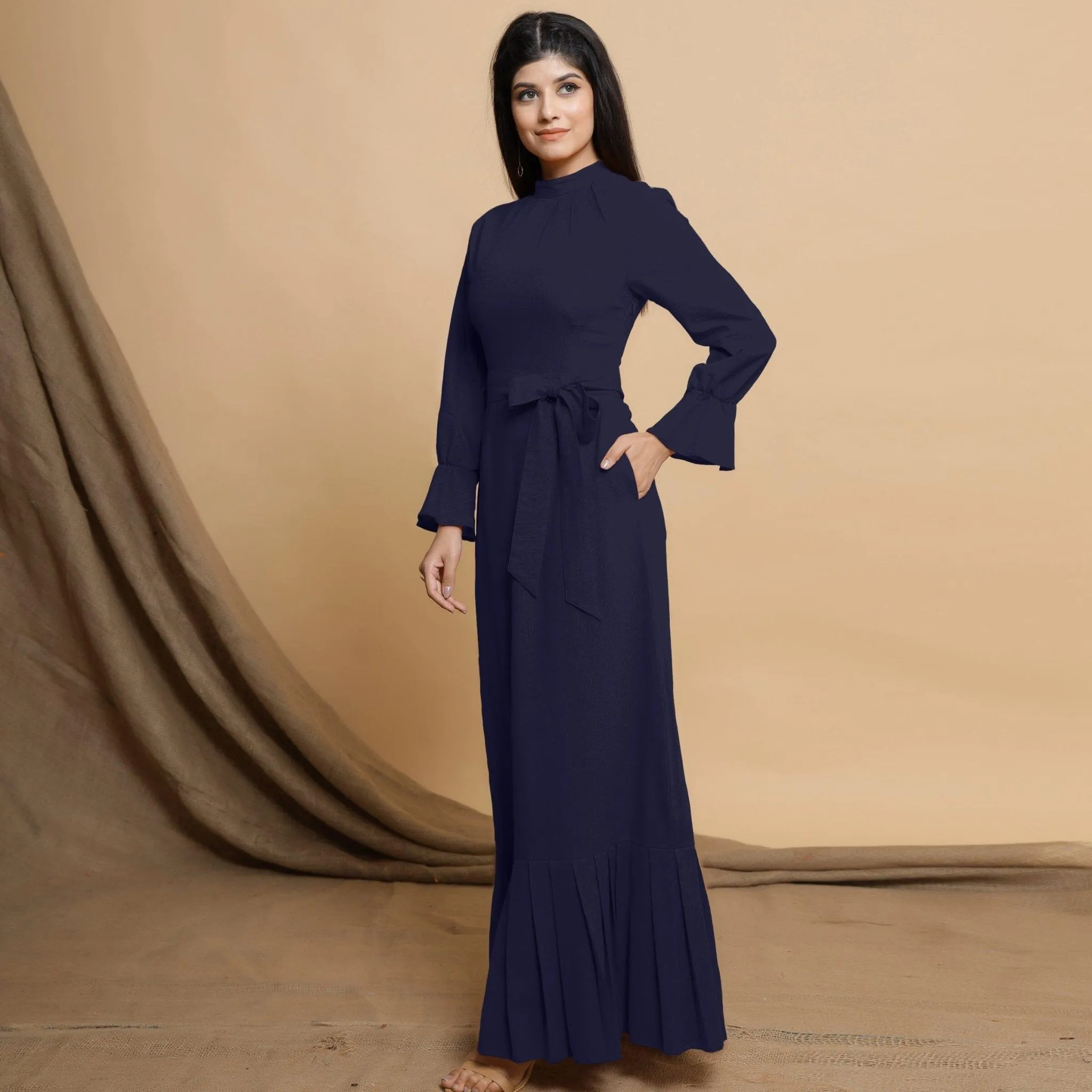 Navy Blue Cotton Flax Mandarin Collar Floor Length Tier Dress