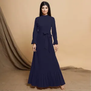 Navy Blue Cotton Flax Mandarin Collar Floor Length Tier Dress