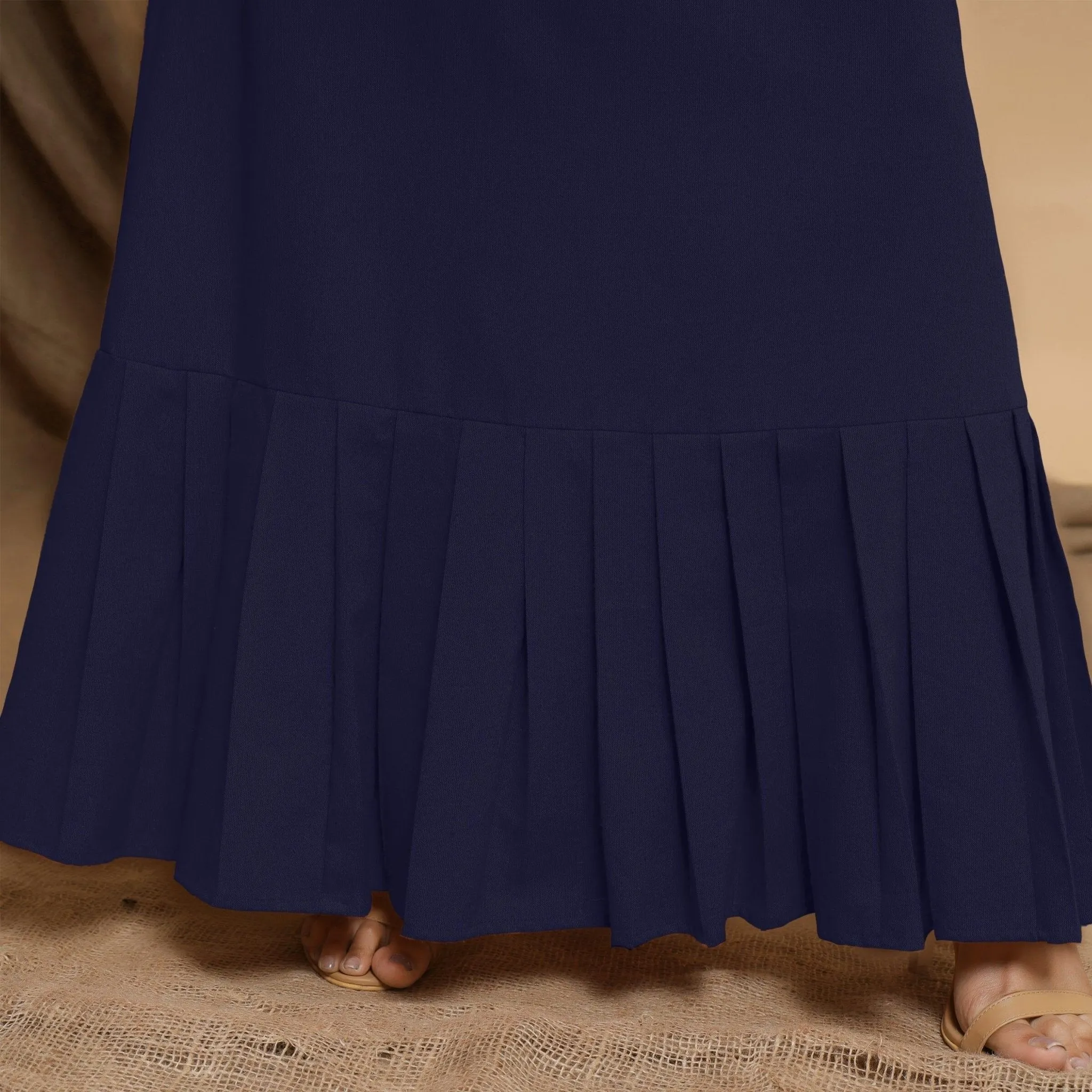 Navy Blue Cotton Flax Mandarin Collar Floor Length Tier Dress