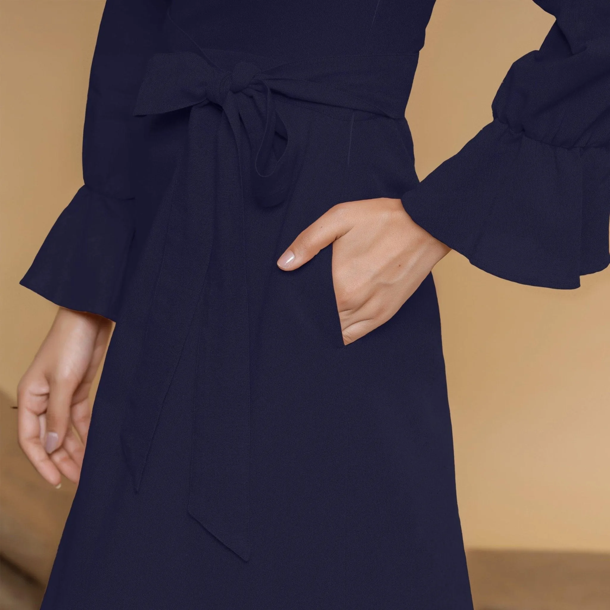 Navy Blue Cotton Flax Mandarin Collar Floor Length Tier Dress