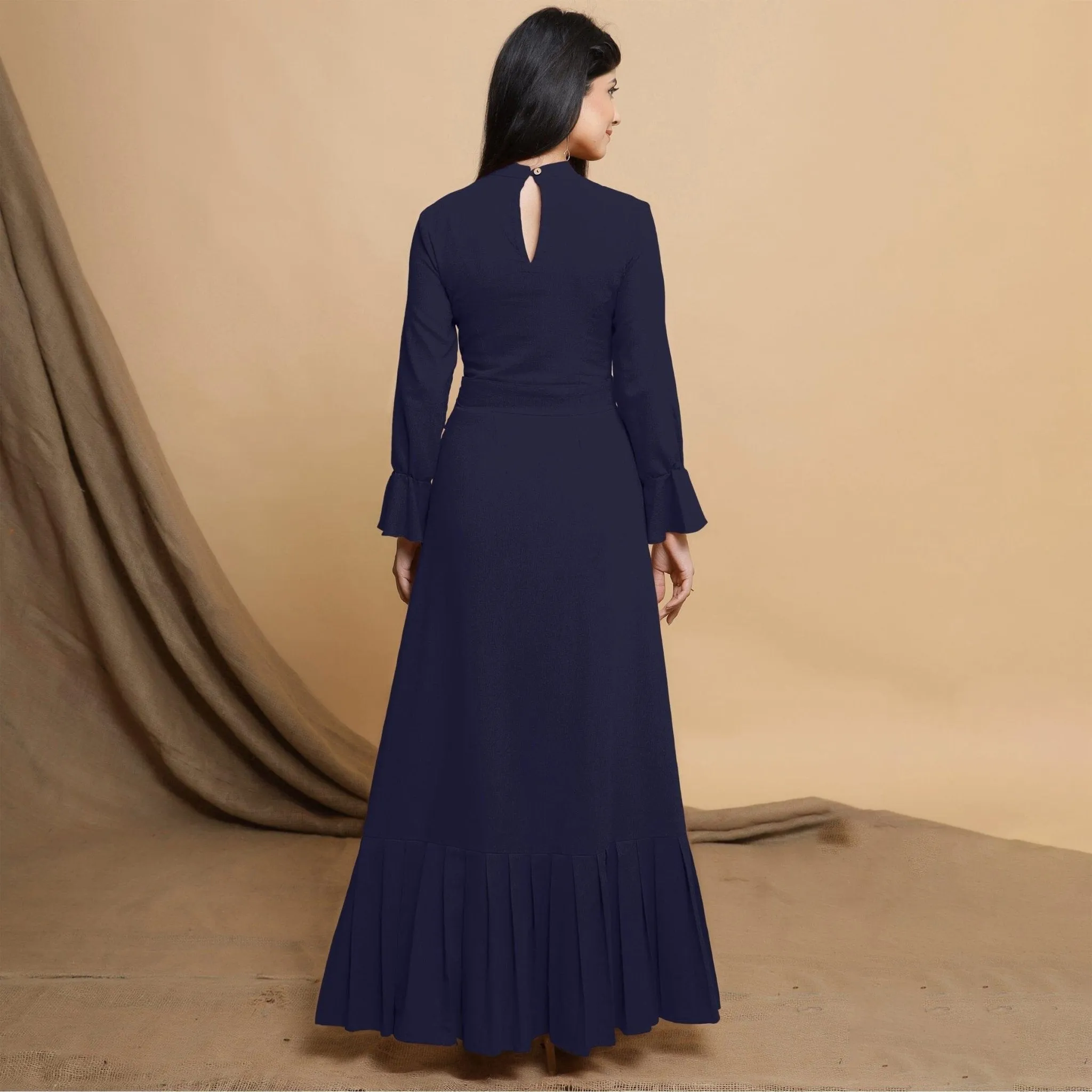Navy Blue Cotton Flax Mandarin Collar Floor Length Tier Dress