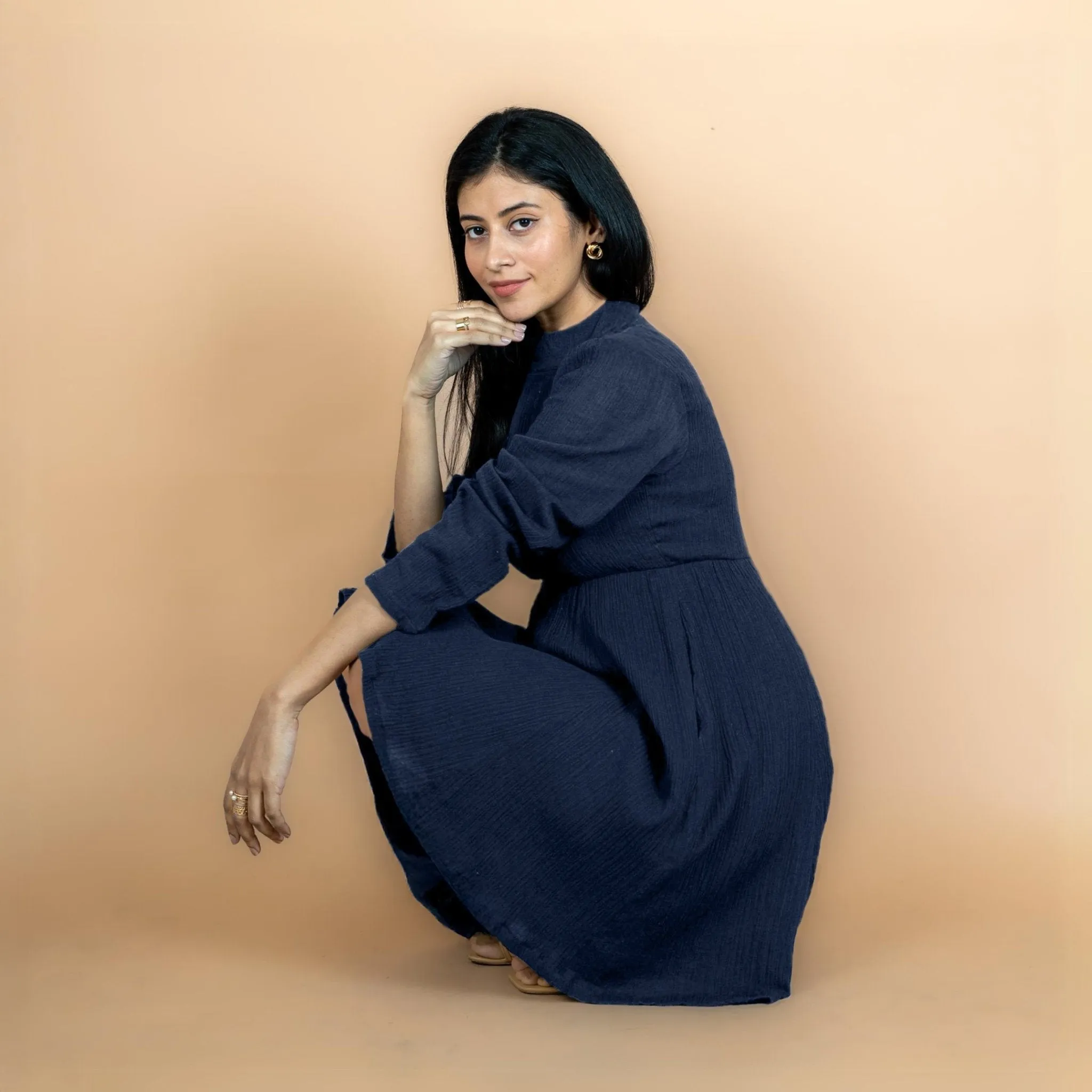 Navy Blue Crinkled Cotton Flax Fit and Flare Maxi Empire Dress