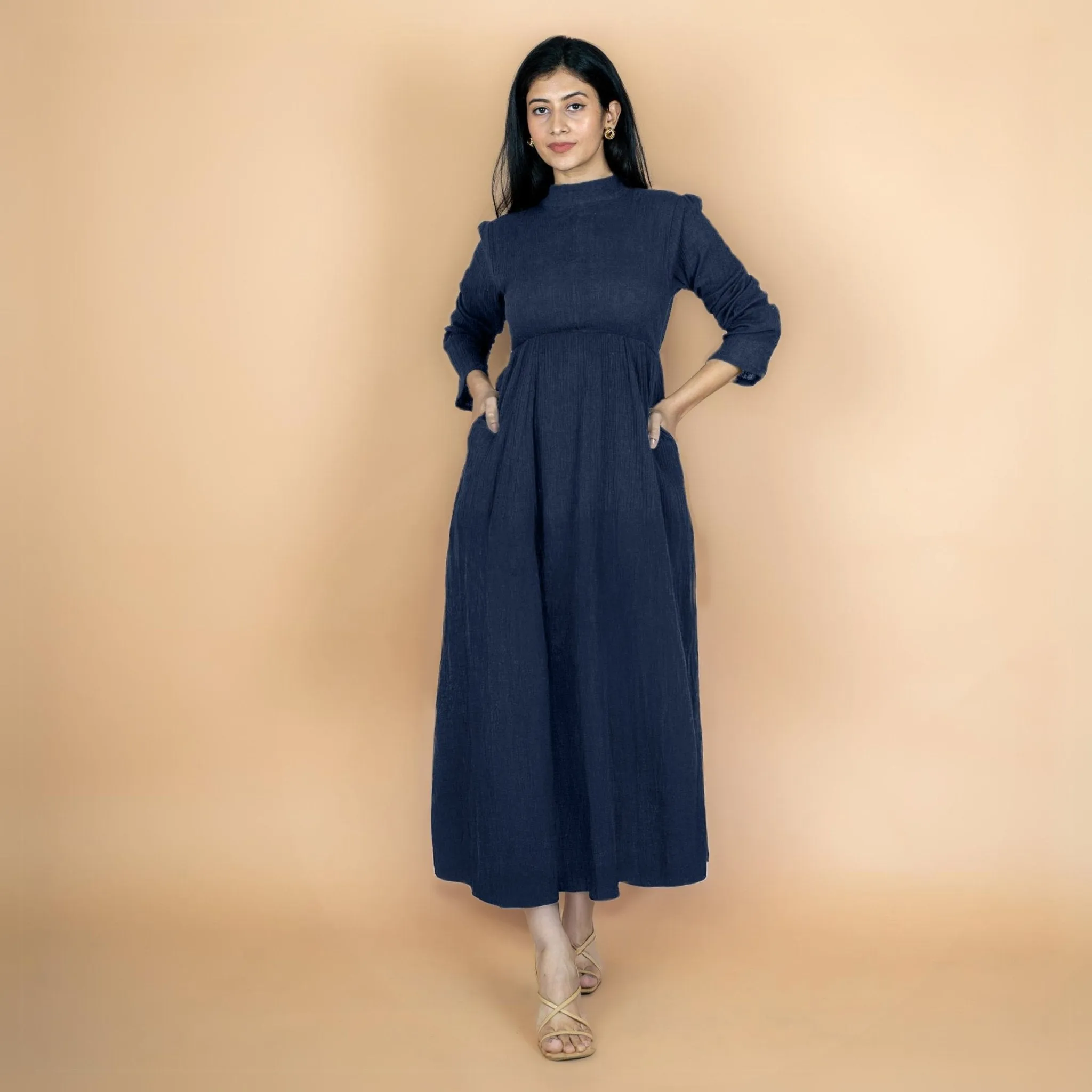 Navy Blue Crinkled Cotton Flax Fit and Flare Maxi Empire Dress