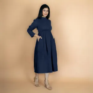 Navy Blue Crinkled Cotton Flax Fit and Flare Maxi Empire Dress