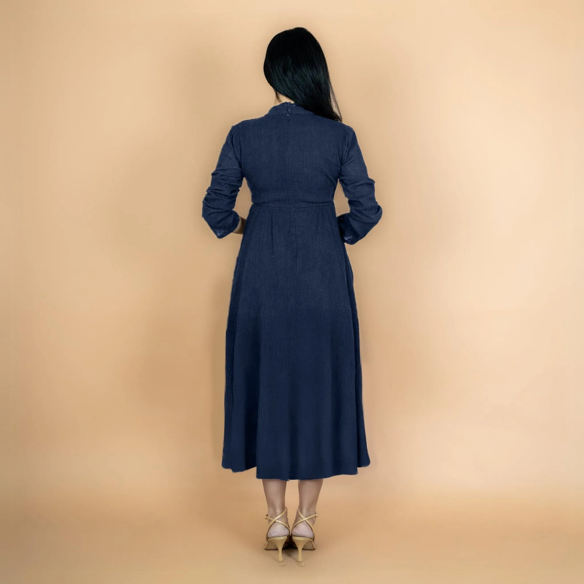 Navy Blue Crinkled Cotton Flax Fit and Flare Maxi Empire Dress