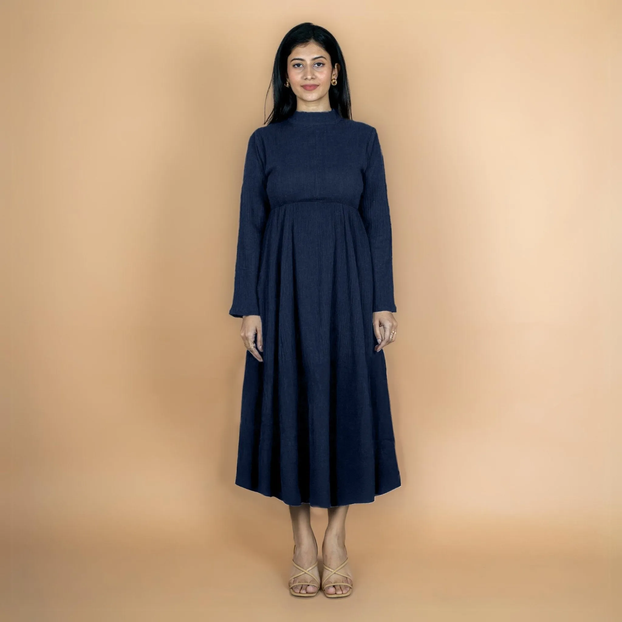 Navy Blue Crinkled Cotton Flax Fit and Flare Maxi Empire Dress