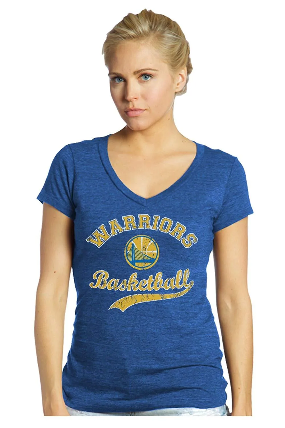 NBA Golden State Warriors Womens Triblend Modest V-Neck Tee, Royal, Medium