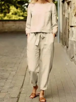 New Casual Solid Two-piece Set, Crew Neck Long Sleeve Top; Tie Front Pants Outfits, Women's Clothing Beige, Fits L-XL