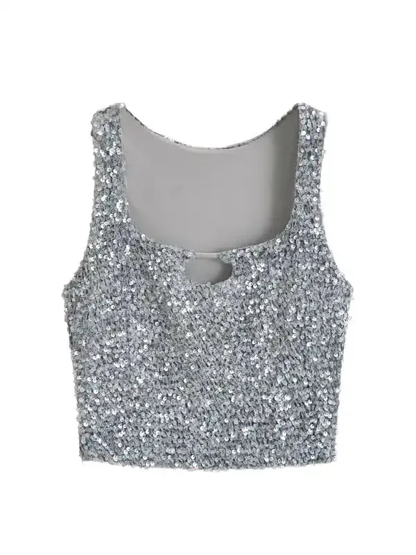 New Hot Girl Fashion Casual Sequined Sexy Square Neck Hollow Navel Vest