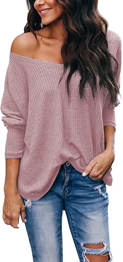 New iGENJUN Women's Over-sized Casual V-Neck Off-Shoulder Batwing Sleeve Pullover Sweater Top in Dusty Pink, Sz S!