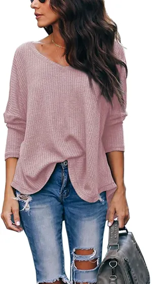 New iGENJUN Women's Over-sized Casual V-Neck Off-Shoulder Batwing Sleeve Pullover Sweater Top in Dusty Pink, Sz S!