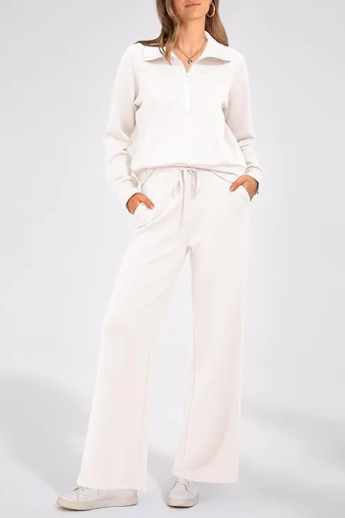 NEW PRETTYGARDEN Women's 2 Piece Outfits Casual Lapel Half Zip Sweatshirts And Wide Leg Pants Tracksuit Sets, White, Sz M, Retails $68