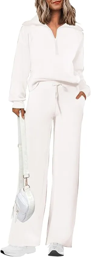 NEW PRETTYGARDEN Women's 2 Piece Outfits Casual Lapel Half Zip Sweatshirts And Wide Leg Pants Tracksuit Sets, White, Sz M, Retails $68
