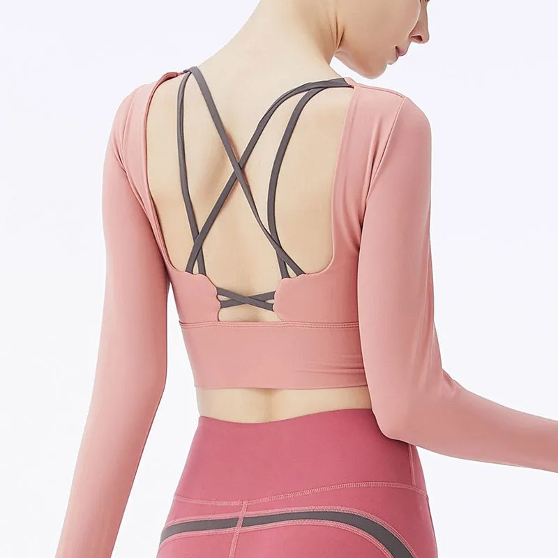 New style beautiful suspenders chest pad backless yoga wear long-sleeved sports women's nude fitness short top