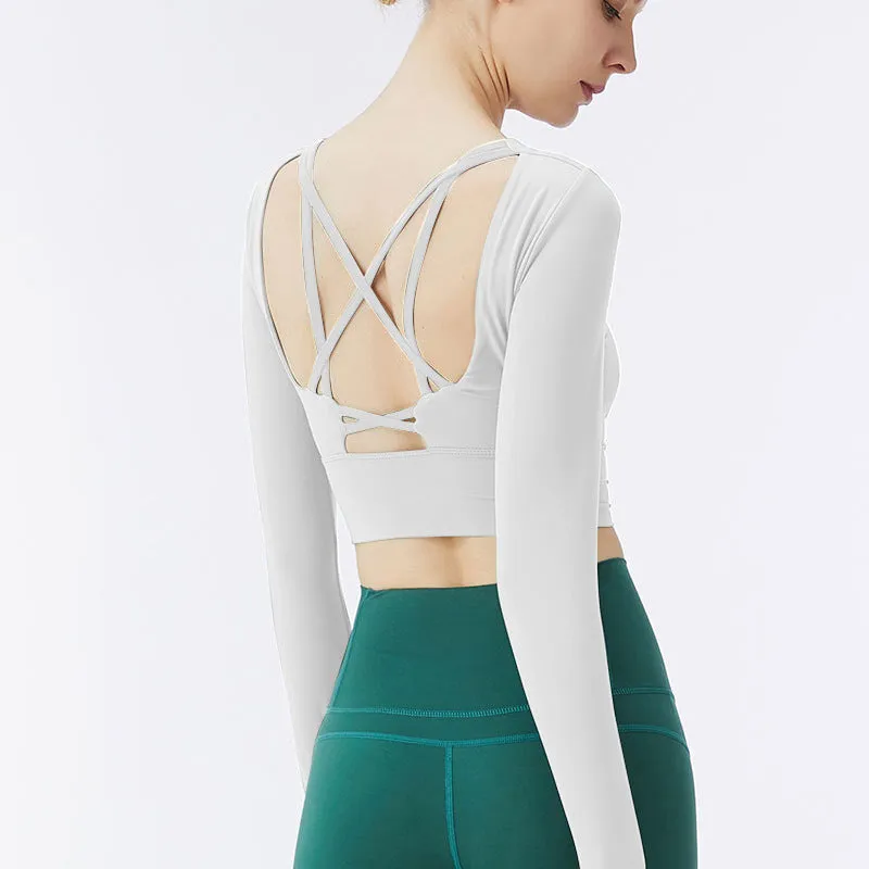 New style beautiful suspenders chest pad backless yoga wear long-sleeved sports women's nude fitness short top