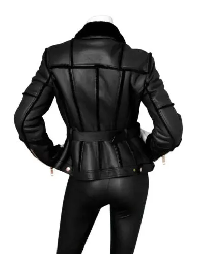 New Stylish Real Leather and Faux Shearling Biker Moto Jacket Black