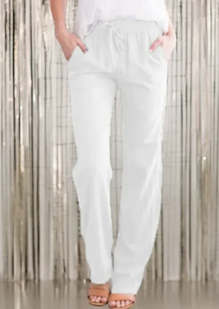 NEW Summer Women's Cotton Linen Drawstring Loose Wide-Leg Pants | Trousers with Pockets, White, 100% Cotton, Sz XL!
