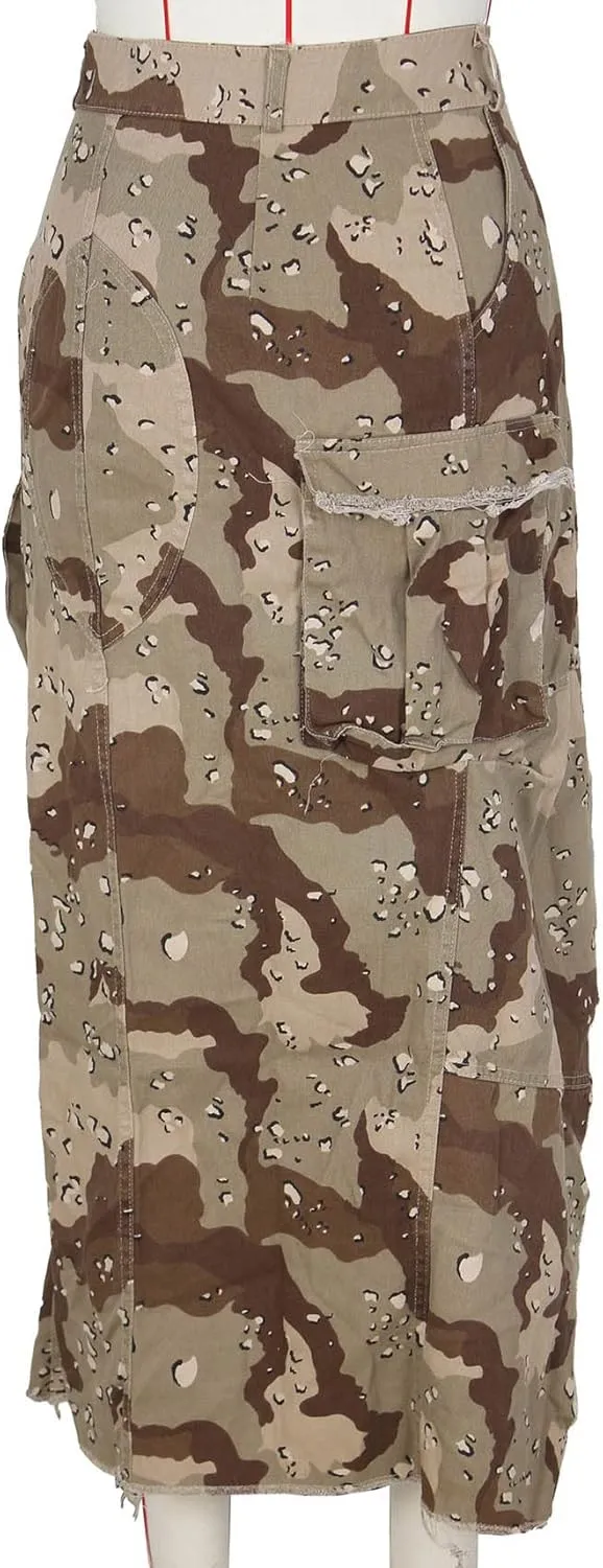 Nihsatin Camo Skirts for Women High Waisted Button Up Long Pencil Split Skirts with Pockets