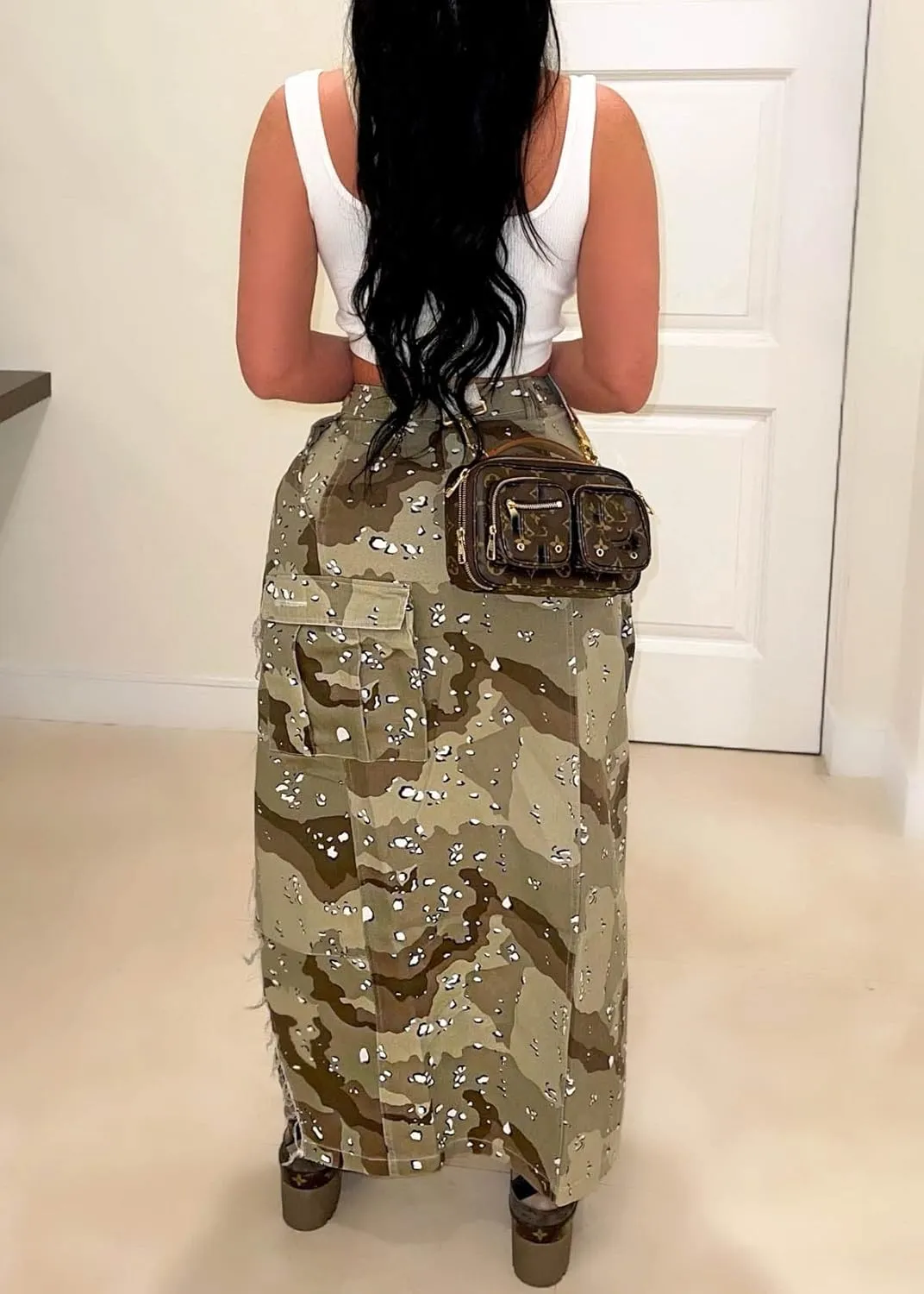 Nihsatin Camo Skirts for Women High Waisted Button Up Long Pencil Split Skirts with Pockets