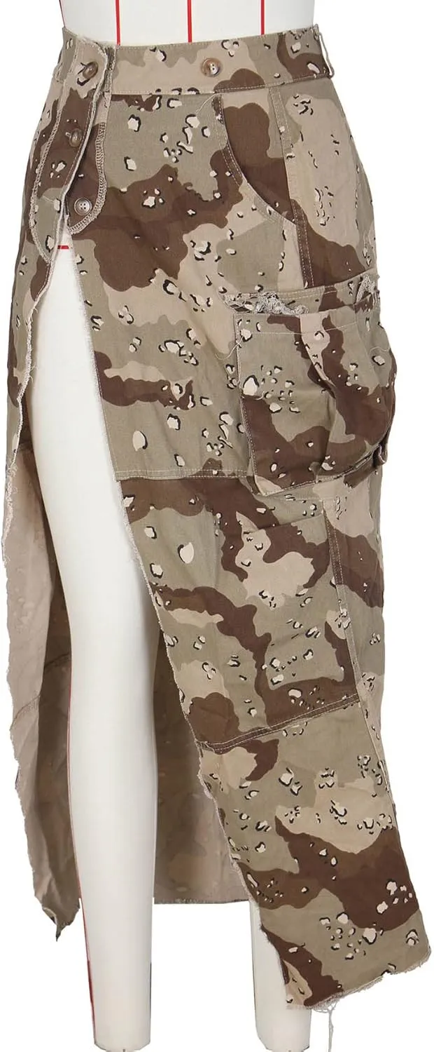 Nihsatin Camo Skirts for Women High Waisted Button Up Long Pencil Split Skirts with Pockets