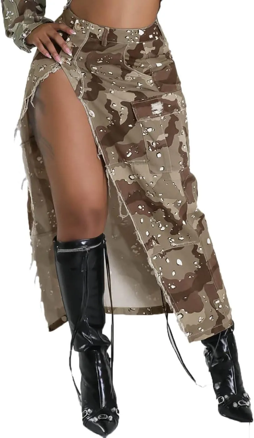 Nihsatin Camo Skirts for Women High Waisted Button Up Long Pencil Split Skirts with Pockets