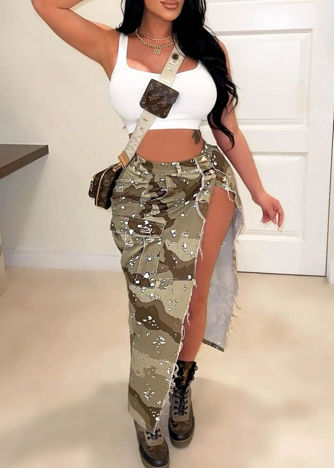 Nihsatin Camo Skirts for Women High Waisted Button Up Long Pencil Split Skirts with Pockets