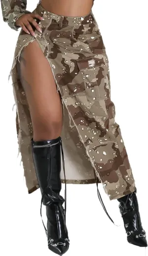 Nihsatin Camo Skirts for Women High Waisted Button Up Long Pencil Split Skirts with Pockets
