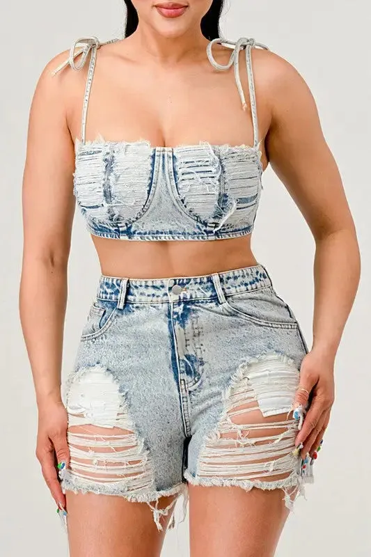 No Strings Attached Distressed Denim Short Set