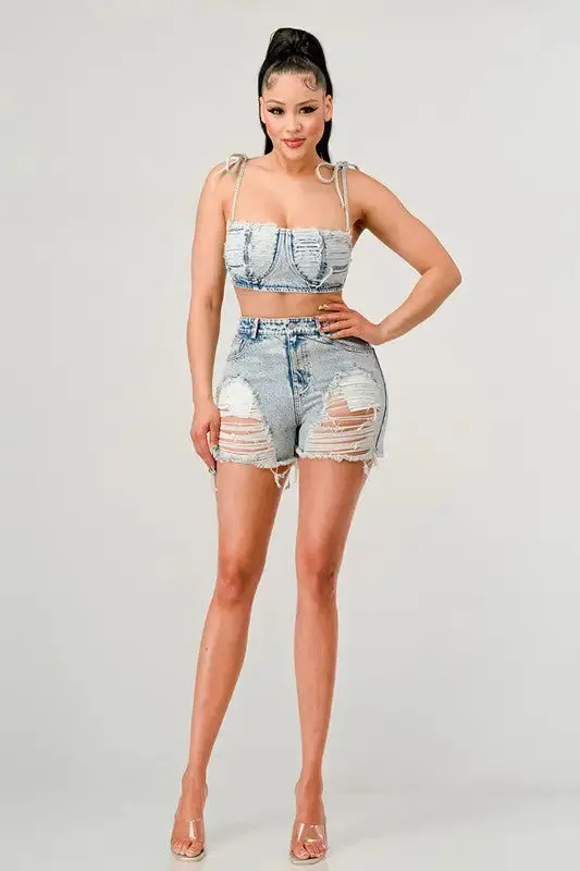 No Strings Attached Distressed Denim Short Set
