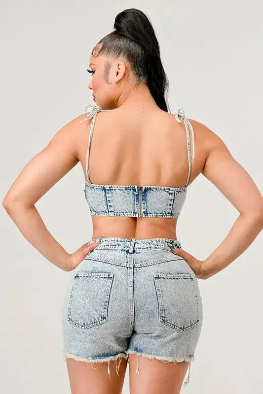 No Strings Attached Distressed Denim Short Set