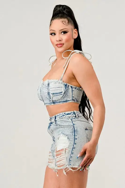 No Strings Attached Distressed Denim Short Set
