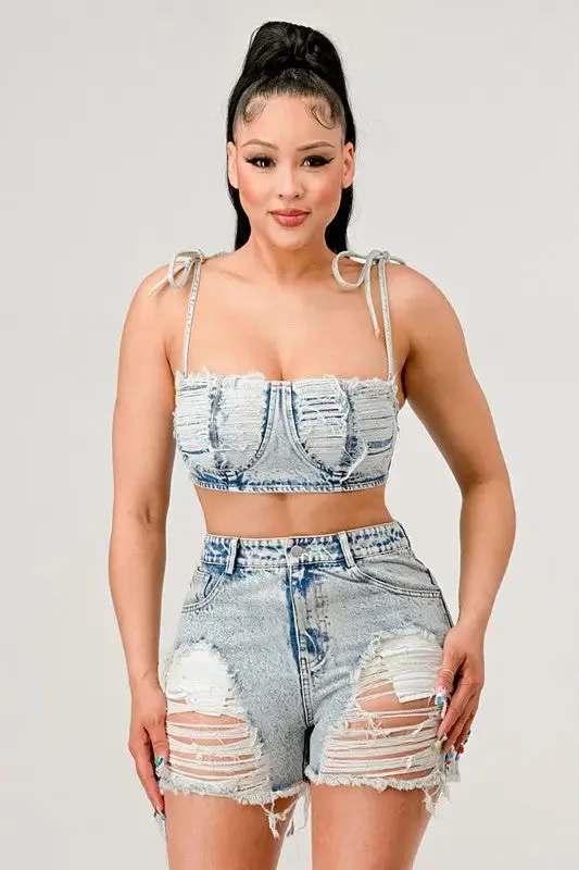 No Strings Attached Distressed Denim Short Set