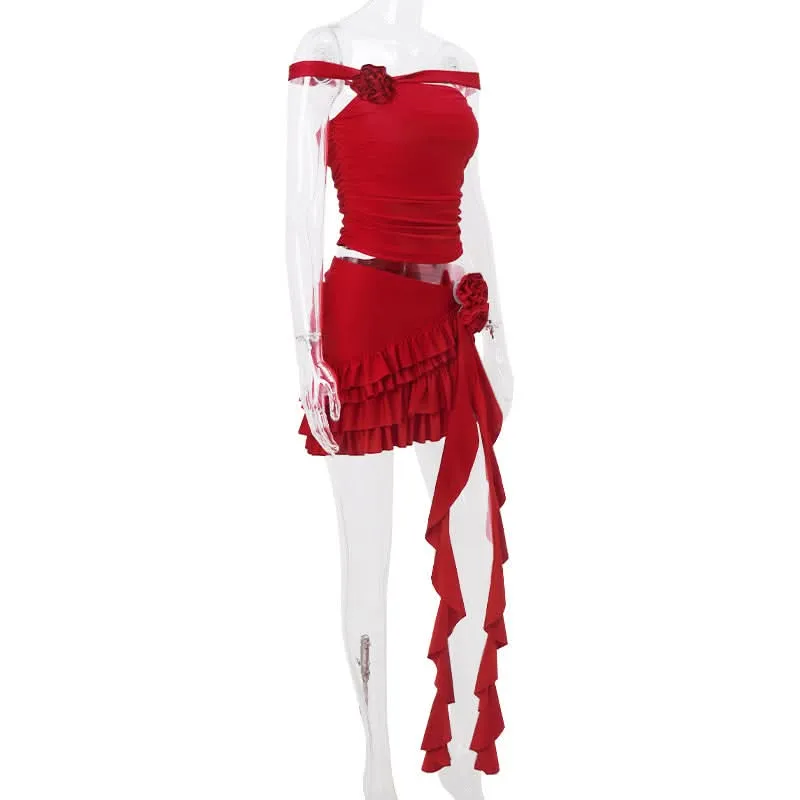 Off shoulder flower applique ruffle mini skirt set