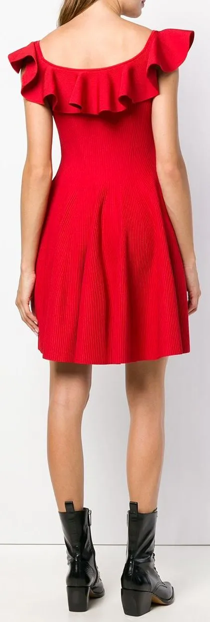 Off-Shoulder Ruffle Flared Knit Dress, Red
