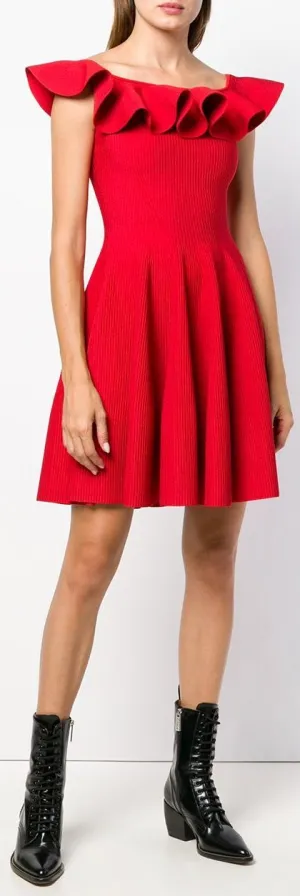 Off-Shoulder Ruffle Flared Knit Dress, Red