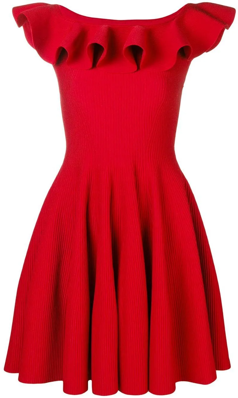 Off-Shoulder Ruffle Flared Knit Dress, Red