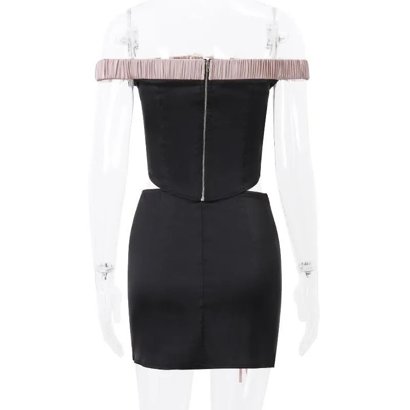 Off shoulder self tie flower applique zip-up button mini skirt set