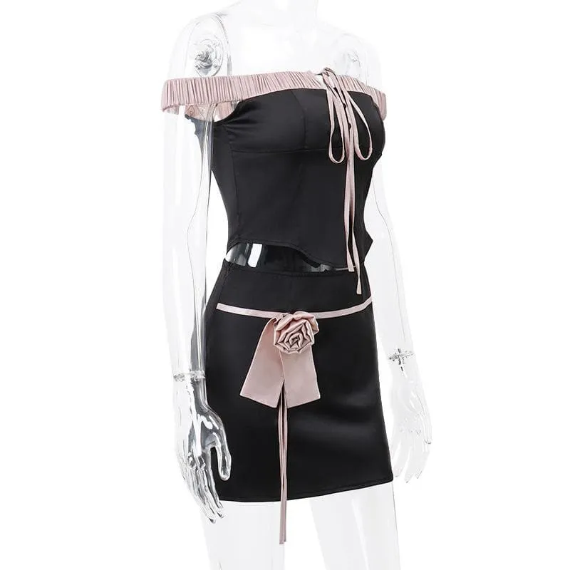 Off shoulder self tie flower applique zip-up button mini skirt set