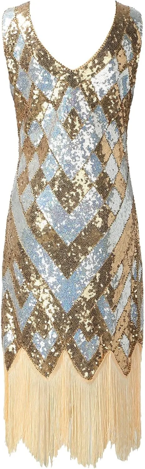 Old Hollywood Glamour Dresses Sequin Evening Gowns for Women Formal V Neck 1920s Great Gatsby Costume Flapper Party Dress