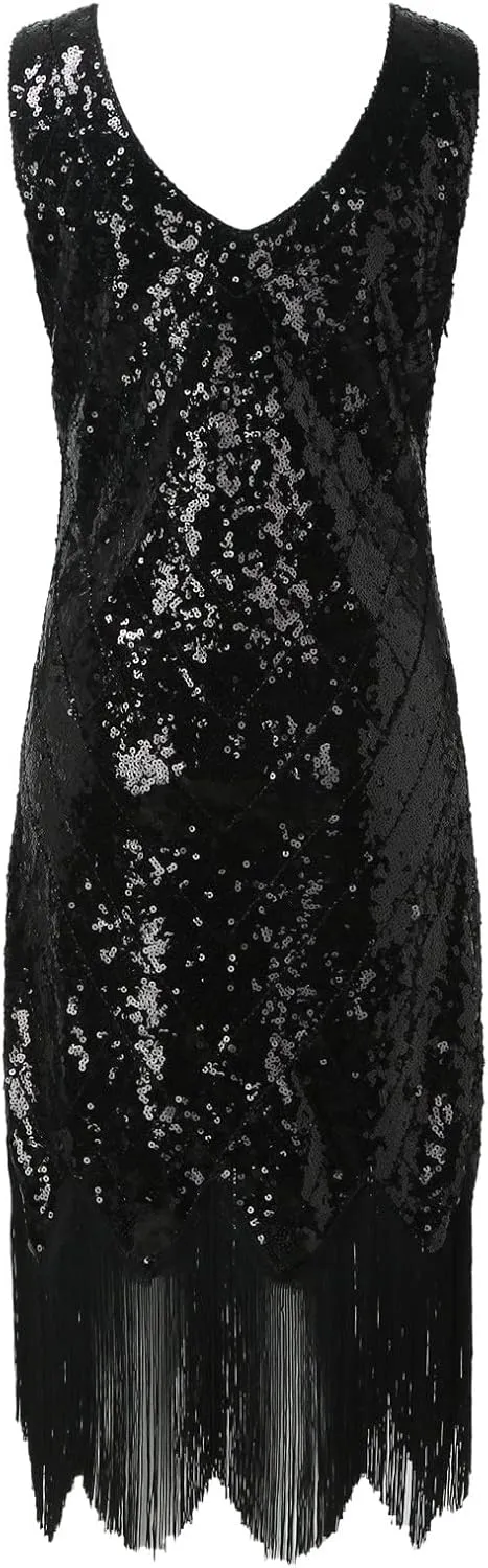 Old Hollywood Glamour Dresses Sequin Evening Gowns for Women Formal V Neck 1920s Great Gatsby Costume Flapper Party Dress
