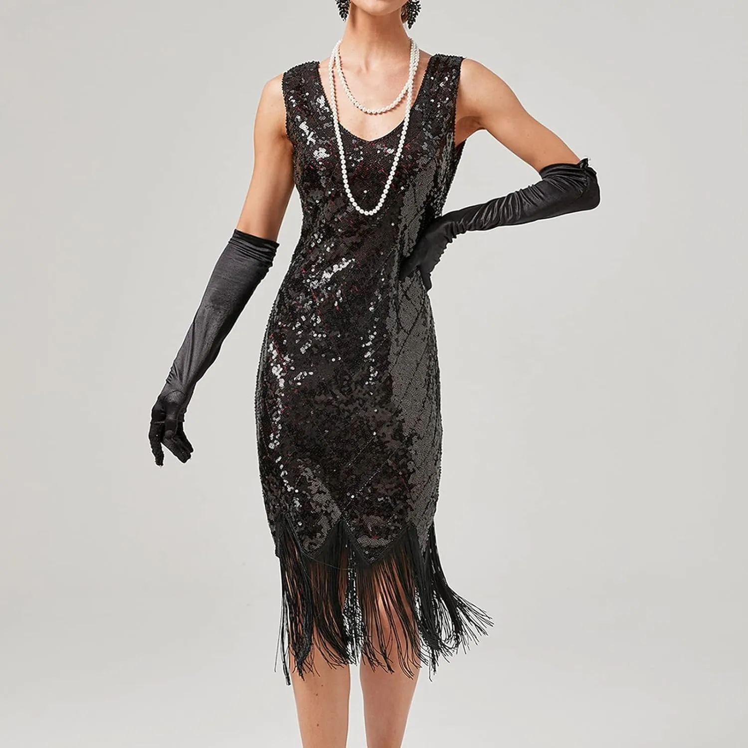 Old Hollywood Glamour Dresses Sequin Evening Gowns for Women Formal V Neck 1920s Great Gatsby Costume Flapper Party Dress