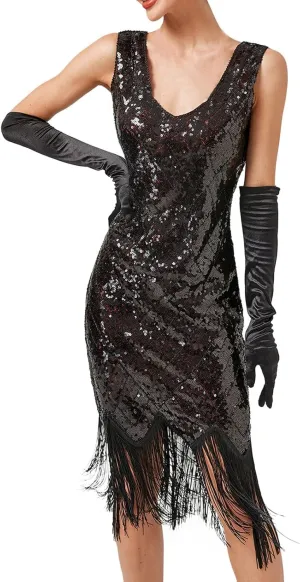 Old Hollywood Glamour Dresses Sequin Evening Gowns for Women Formal V Neck 1920s Great Gatsby Costume Flapper Party Dress
