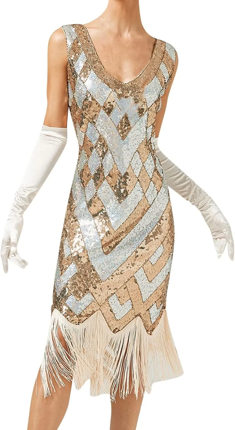 Old Hollywood Glamour Dresses Sequin Evening Gowns for Women Formal V Neck 1920s Great Gatsby Costume Flapper Party Dress