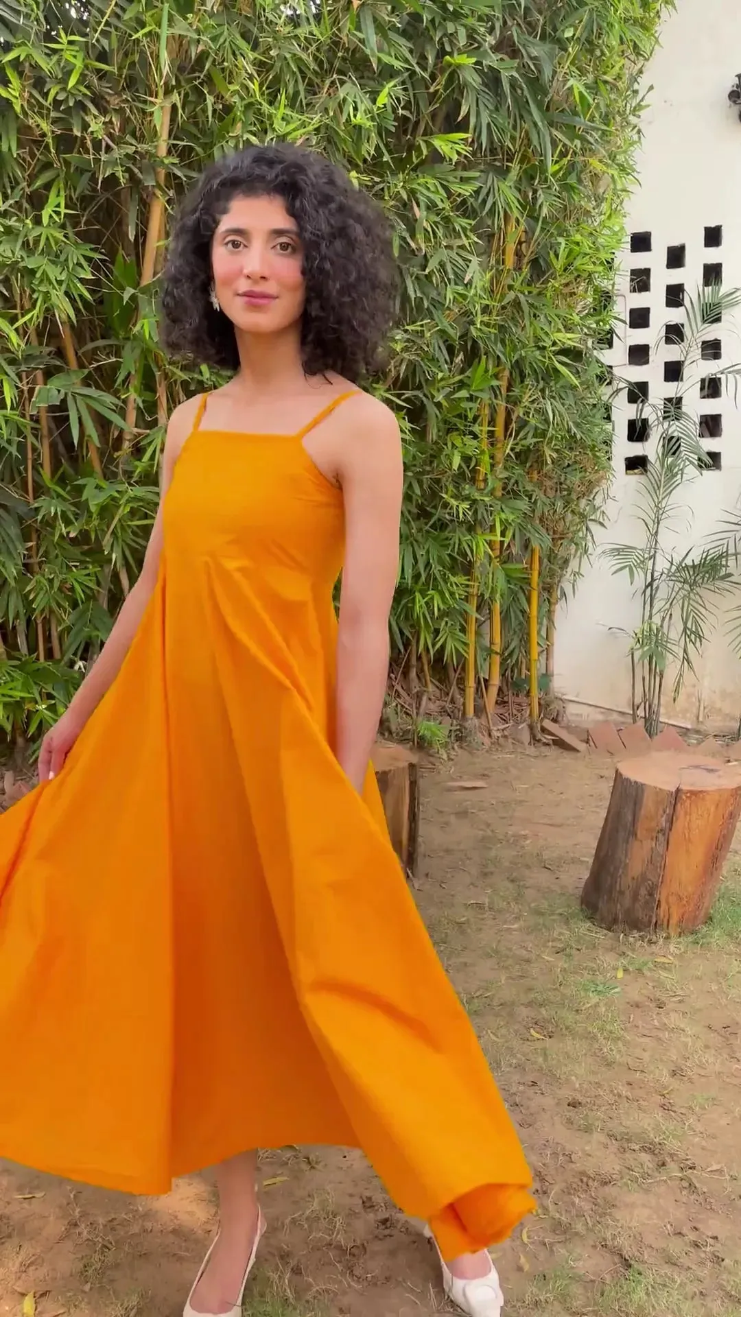 Orange Cotton Poplin Fit and Flare Midi Empire Dress